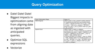 Query Optimization
● Date! Date! Date!
Biggest impacts in
optimization came
from aligning date
as ingested with
anticipated
queries.
● Optimize SQL
expressions
● Vectorize
Query Optimization Stage Query 4.3
SSB (Original) select d_year, s_city, p_brand1, sum(lo_revenue -
lo_supplycost) as profit from denormalized where
s_nation = 'UNITED STATES' and (d_year = 1997
or d_year = 1998) and p_category = 'MFGR#14'
group by d_year, s_city, p_brand1 order by d_year,
s_city, p_brand1
Apache Druid select d_year, s_nation, p_category,
sum(lo_revenue) - sum(lo_supplycost) as profit from
${jmDataSource} where c_region = 'AMERICA' and
s_region = 'AMERICA' and (FLOOR("__time" to
YEAR) = TIME_PARSE('1997-01-
01T00:00:00.000Z') or FLOOR("__time" to YEAR)
= TIME_PARSE('1998-01-01T00:00:00.000Z')) and
(p_mfgr = 'MFGR#1' or p_mfgr = 'MFGR#2') group
by d_year, s_nation, p_category order by d_year,
s_nation, p_category
 