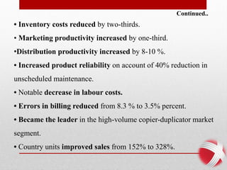• Inventory costs reduced by two-thirds.
• Marketing productivity increased by one-third.
•Distribution productivity increased by 8-10 %.
• Increased product reliability on account of 40% reduction in
unscheduled maintenance.
• Notable decrease in labour costs.
• Errors in billing reduced from 8.3 % to 3.5% percent.
• Became the leader in the high-volume copier-duplicator market
segment.
• Country units improved sales from 152% to 328%.
Continued..
 