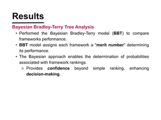 ? Performed the Bayesian Bradley-Terry model (BBT) to compare
frameworks performance.
? BBT model assigns each framework a "merit number" determining
its performance.
? The Bayesian approach enables the determination of probabilities
associated with framework rankings.
? Provides confidence beyond simple ranking, enhancing
decision-making.
Results
Bayesian Bradley-Terry Tree Analysis
 