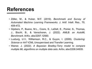? Z?ller, M., & Huber, M.F. (2019). Benchmark and Survey of
Automated Machine Learning Frameworks. J. Artif. Intell. Res., 70,
409-472.
? Gijsbers, P., Bueno, M.L., Coors, S., LeDell, E., Poirier, S., Thomas,
J., Bischl, B., & Vanschoren, J. (2022). AMLB: an AutoML
Benchmark. ArXiv, abs/2207.12560.
? Luxburg, U.V., Williamson, R.C., & Guyon, I. (2009). Clustering:
Science or Art? ICML Unsupervised and Transfer Learning.
? Wainer, J. (2022). A Bayesian Bradley-Terry model to compare
multiple ML algorithms on multiple data sets. ArXiv, abs/2208.04935.
References
 