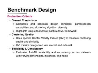 ? General Comparison
? Compares and contrasts design principles, parallelization
capabilities, and clustering algorithm diversity
? Highlights unique features of each AutoML framework
? Clustering Quality
? Uses specific Cluster Validity Indices (CVI) to measure clustering
quality and similarity
? CVI metrics categorized into internal and external
? Scalability & Consistency
? Evaluates AutoML scalability and consistency across datasets
with varying dimensions, instances, and noise
Benchmark Design
Evaluation Criteria
 