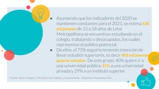 4
● Asumiendo que los indicadores del 2020 se
mantienen constantes para el 2021, se estima 538
mil jóvenes de 15 a 18 años de Lima
Metropolitana se encuentran estudiando en el
colegio, trabajando o desocupados, los cuales
representan el público potencial.
● De ellos, el 75% seguiría teniendo intención de
llevar estudios superiores, es decir 403 mil jóvenes
quieren estudiar. De este grupo, 40% quiere ir a
una universidad pública, 31% a una universidad
privada y 29% a un instituto superior.
Fuente: Ipsos | Imagen y Percepción de Instituto y Universidades –Segmento Postulantes 2021
 