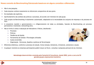 Benchmarkingde TI 2014 23
Usando o Benchmarking de TI
Dados do Benchmarking Análise
Alinhamento da TI com o Negócio
Forças Fraquezas
 A estrutura de TI está subordinada diretamente à Presidência, o
que demonstra a sua importância para o negócio.
 Criação de uma Diretoria e de um Comitê de TI com atribuições
de aprovar a estratégia da TI, acompanhar o orçamento e
priorizar projetos, entre outras.
 As metas de TI não estão diretamente associadas às estratégias
empresariais, na medida em que a área não é envolvida de
forma adequada no Planejamento Estratégico do Negócio.
 TI não passa uma percepção de conhecimento do negócio para
a direção.
 Direção percebe um distanciamento entre a dinâmica do
negócio e a resposta da TI.
 São tímidas as iniciativas voltadas à Inovação suportadas por
TI.
SWOT
Responsável
Datade início
Prevista(mm/aa)
(Who ?) (Whem ?)
Aprimorar aatual Metodologiade Planejamento e Orçamentação de TI
Implantar um modelo de Planejamento e Orçamentação de TI baseado no
alinhamento com as diretrizes e necessidades do negócio, bem como com
Definir arquiteturas alvo para nortear utilização de tecnologias no
Implantar processo de Levantamento de Demandas baseado na interação
Implantar método formal de Priorização de Demandas e Projetos.
Formalizar um Portfólio Anual de Projetos de TI.
Estabelecer uma sistemática de aprovação e acompanhamento do
Projeto
(What ?)
Duração
Prevista
(mm)
Plano de Ações
75,0%
62,5%
62,5%
62,5%
56,3%
40,0%
37,5%
31,3%
31,3%
31,3%
25,0%
25,0%
18,8%
12,5%
6,3%
6,3%
6,3%
12,5%
37,5%
31,3%
12,5%
37,5%
40,0%
18,8%
37,5%
31,3%
31,3%
12,5%
31,3%
18,8%
68,8%
56,3%
37,5%
31,3%
6,3%
12,5%
6,3%
12,5%
6,7%
18,8%
18,8%
25,0%
12,5%
18,8%
6,3%
12,5%
31,3%
6,3%
25,0%
6,3%
12,5%
6,3%
13,3%
25,0%
12,5%
12,5%
25,0%
37,5%
18,8%
18,8%
18,8%
12,5%
6,3%
25,0%
37,5%
50,0%
43,8%
68,8%
6,3%
31,3%
18,8%
43,8%
18,8%
18,8%
25,0%
31,3%
25,0%
6,3%
6,3%
6,3%
25,0%
25,0%
6,3%
0% 10% 20% 30% 40% 50% 60% 70% 80% 90% 100%
Benchmarking de Práticas de TI
Alinhamento Corporativo da TI
Gerenciamento de Ativos de TI
Gerenciamento de Projetos
Planejamento Estratégico de TI
Gestão de Mudanças
Plano de Continuidade de Serviços de TI
Governança de TI
Processos de TI mapeados
Gestão de Riscos de TI
Gestão da Informação
SARBOX - Certificação da TI
Charge Back de TI
ISO 9000 na TI
Gestão de Rotina (Seis Sigma,PDCA,etc)
Gestão de Serviços de TI baseada em ITIL
Balanced Scorecard de TI
Gestão de Processos de TI baseada em COBIT
COSO / ERM
BS 15000
ISO 20000
UT - Utilização Total UP - Utilização Parcial 12M - Irá adotar nos próximos 12 Meses PU - Pretende Utilizar Futuramente NU - Não pretende Utilizar NA - Não se Aplica
Pratica Em desenvolvimento Não Pratica
Posicionamento Empresa X
A partir de análises do Benchmarking é possível obter um bom balizamento para apoio ao Planejamento de TI e seus Orçamentos, referenciado pelas
reais práticas de mercado.
 