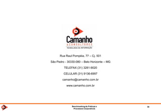 Benchmarkingde TI 2014 30
Exemplo - Organogramas
Tecnologia e
Telecomunicações
(FIT)
Sistemas
Corporativos
(FIC)
Planejamento
e Gestão
(FIG)
Segurança da
Informação
Desenvolvimento
de Softwares
(FID)
30
0
0
3
1
0
1
0
0
7
1
0
9
0
11
8
0
66
Superintendência
de
Tecnologia da
Informação
VP Brasil,
México, Chile e
Argentina
Diretor
Financeiro (CFO)
Gerência TI (CIO)
Gerência
Controladoria
Gerência
Contabilidade
Gerência
Financeiro
Gerência
Jurídico
Gerência
Compliance
Gerência
Marketing e
Planejamento
Diretor de RH
Diretores de
Divisão (4)
TI no Corporativo
TI detalhada
 