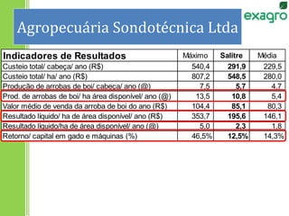 Agropecuária Sondotécnica Ltda
Indicadores de Resultados Máximo Salitre Média
Custeio total/ cabeça/ ano (R$) 540,4 291,9 229,5
Custeio total/ ha/ ano (R$) 807,2 548,5 280,0
Produção de arrobas de boi/ cabeça/ ano (@) 7,5 5,7 4,7
Prod. de arrobas de boi/ ha área disponível/ ano (@) 13,5 10,8 5,4
Valor médio de venda da arroba de boi do ano (R$) 104,4 85,1 80,3
Resultado líquido/ ha de área disponível/ ano (R$) 353,7 195,6 146,1
Resultado líquido/ha de área disponível/ ano (@) 5,0 2,3 1,8
Retorno/ capital em gado e máquinas (%) 46,5% 12,5% 14,3%
 