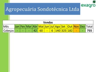 Agropecuária Sondotécnica Ltda
Mês Jan Fev Mar Abr Mai Jun Jul Ago Set Out Nov Dez Total
Cabeças - - - 42 60 - 6 140 325 182 - - 755
Vendas
 