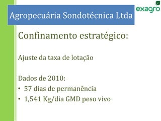 Confinamento estratégico:
Ajuste da taxa de lotação
Dados de 2010:
• 57 dias de permanência
• 1,541 Kg/dia GMD peso vivo
Agropecuária Sondotécnica Ltda
 