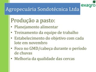 Produção a pasto:
• Planejamento alimentar
• Treinamento da equipe de trabalho
• Estabelecimento do objetivo com cada
lote em novembro
• Foco no GMD/cabeça durante o período
de chuvas
• Melhoria da qualidade das cercas
Agropecuária Sondotécnica Ltda
 