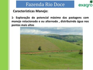 Características Manejo:
1- Exploração do potencial máximo das pastagens com
manejo rotacionado e ou alternado , distribuindo água nos
pontos mais altos
Fazenda Rio Doce
 
