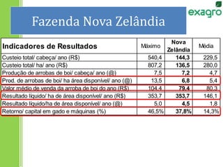 Fazenda Nova Zelândia
Indicadores de Resultados Máximo
Nova
Zelândia
Média
Custeio total/ cabeça/ ano (R$) 540,4 144,3 229,5
Custeio total/ ha/ ano (R$) 807,2 136,5 280,0
Produção de arrobas de boi/ cabeça/ ano (@) 7,5 7,2 4,7
Prod. de arrobas de boi/ ha área disponível/ ano (@) 13,5 6,8 5,4
Valor médio de venda da arroba de boi do ano (R$) 104,4 79,4 80,3
Resultado líquido/ ha de área disponível/ ano (R$) 353,7 353,7 146,1
Resultado líquido/ha de área disponível/ ano (@) 5,0 4,5 1,8
Retorno/ capital em gado e máquinas (%) 46,5% 37,8% 14,3%
 