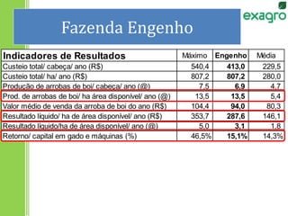 Fazenda Engenho
Indicadores de Resultados Máximo Engenho Média
Custeio total/ cabeça/ ano (R$) 540,4 413,0 229,5
Custeio total/ ha/ ano (R$) 807,2 807,2 280,0
Produção de arrobas de boi/ cabeça/ ano (@) 7,5 6,9 4,7
Prod. de arrobas de boi/ ha área disponível/ ano (@) 13,5 13,5 5,4
Valor médio de venda da arroba de boi do ano (R$) 104,4 94,0 80,3
Resultado líquido/ ha de área disponível/ ano (R$) 353,7 287,6 146,1
Resultado líquido/ha de área disponível/ ano (@) 5,0 3,1 1,8
Retorno/ capital em gado e máquinas (%) 46,5% 15,1% 14,3%
 