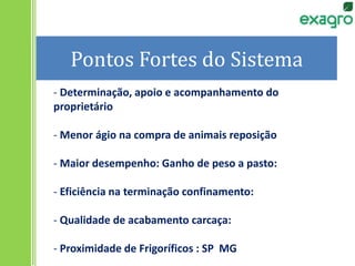 Pontos Fortes do Sistema
- Determinação, apoio e acompanhamento do
proprietário
- Menor ágio na compra de animais reposição
- Maior desempenho: Ganho de peso a pasto:
- Eficiência na terminação confinamento:
- Qualidade de acabamento carcaça:
- Proximidade de Frigoríficos : SP MG
 