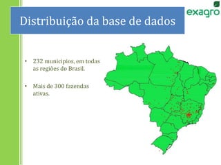 232 municipios, em todas as regiões do Brasil.Mais de 300 fazendasativas.Distribuição da base de dados