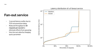 Fan-out service
- 1 second latency outlier due to
TCP retransmission delay
- Reduced throughput to 10
requests per second to
eliminate effects from queueing
- Vary fan-out value by changing
query parameter
 