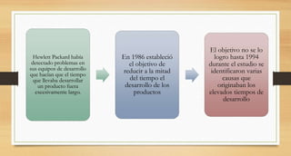 Hewlett Packard había
detectado problemas en
sus equipos de desarrollo
que hacían que el tiempo
que llevaba desarrollar
un producto fuera
excesivamente largo.
En 1986 estableció
el objetivo de
reducir a la mitad
del tiempo el
desarrollo de los
productos
El objetivo no se lo
logro hasta 1994
durante el estudio se
identificaron varias
causas que
originaban los
elevados tiempos de
desarrollo
 