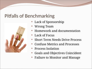 Pitfalls of Benchmarking
 Lack of Sponsorship
 Wrong Team
 Homework and documentation
 Lack of Focus
 Short Term Needs Drive Process
 Confuse Metrics and Processes
 Process Isolation
 Goals and Objectives Coincident
 Failure to Monitor and Manage
 