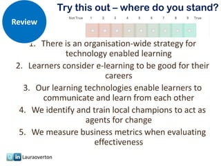 Try this out – where do you stand?
Review

     1. There is an organisation-wide strategy for
              technology enabled learning
 2. Learners consider e-learning to be good for their
                          careers
   3. Our learning technologies enable learners to
        communicate and learn from each other
  4. We identify and train local champions to act as
                    agents for change
  5. We measure business metrics when evaluating
                       effectiveness
  Lauraoverton
 