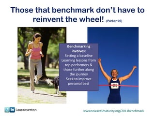 Those that benchmark don’t have to
     reinvent the wheel!                  (Parker 96)




                    Benchmarking
                       involves:
                  Setting a baseline
                Learning lessons from
                  top performers &
                 those further along
                     the journey
                   Seek to improve
                    personal best




 Lauraoverton                www.towardsmaturity.org/2011benchmark
                                                              6
 