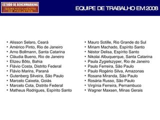 Alisson Selaro, Ceará  Américo Pinto, Rio de Janeiro  Arno Bollmann, Santa Catarina Cláudia Bueno, Rio de Janeiro  Elizeu Bôto, Bahia  Flávio Costa, Distrito Federal  Flávio Marins, Paraná  Gutenberg Silveira, São Paulo  Marcelo Caixeta, Goiás  Marcelo Cota, Distrito Federal  Matheus Rodrigues, Espírito Santo  EQUIPE DE TRABALHO EM 2008 Mauro Sotille, Rio Grande do Sul  Miriam Machado, Espírito Santo Néstor Delisa, Espírito Santo Nikolai Albuquerque, Santa Catarina  Paula Zygielszyper, Rio de Janeiro  Paulo Ferreira, São Paulo Paulo Rogério Silva, Amazonas Rosana Miranda, São Paulo  Rosária Russo, São Paulo  Virgínia Ferreira, Pernambuco  Wagner Maxsen, Minas Gerais  