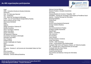 As 460 organizações participantes


   Copel                                                                 Eletrosul Centrais Elétricas
   CPEA - Consultoria Paulista de Estudos Ambientais                     Elevance Projetos e Soluções Corporativas
   CPM Braxis                                                            ELO Group
   CSN - Cia. Siderurgica Nacional                                       Empresa Brasileira de Correios e Telegráfos - ECT
   CSU - CardSystem                                                      DATAPREV - Empresa de Tecnologia e Informações da Previdência Social
   CTE - Centro de Tecnologia de Edificações                             IplanRio - Empresa Municipal de Informática
   CTEEP - Cia. de Transmissão de Energia Elétrica Paulista              Empresas Rodobens
   Danny Comercio de Imp. e Exp.                                         Endesa Brasil
   Data Access Worldwide                                                 Energisa
   Dataci                                                                Ernst & Young Assessoria Empresarial
   Datainfo                                                              Erzinger Indústria Mecânica
   Delage Consultoria e Sistemas SC                                      Esmaltec
   Deloitte Consulting                                                   Euax Gerenciamento de Projetos
   Devex Tecnologia e Sistemas                                           Excellence Gestão Empresarial
   Diativa Informática                                                   ExpertProject
   Disclinc Informática                                                  FCAP Jr. Consultoria
   DM Assessoria e Sistemas                                              FGR Urbanismo
   Documentar Tecnologia e Informação                                    FH Consulting
   Dotmaster Informática                                                 Fibria Celulose
   Doux Frangosul                                                        Formtap Industria e Comercio
   Drogaria Araujo                                                       Fortes Informática
   Ducotor Implantação de Projetos                                       FUJITEC - DWA Technology
   Eaton                                                                 Funbio - Fundo Brasileiro para Biodiversidade
   EBM Incorporações                                                     Fundação CPqD Centro de Pesquisa e Desenv. em Telecomunicações
   EBX                                                                   FDE - Fundação para o Desenvolvimento da Educação
   Economac - Empresa Jr. da Economia da Universidade Federal do Piauí   Fundação Paulo dos Anjos Feitoza
   EDP                                                                   Fundação Ricardo Franco
   Eficia Consulting                                                     Furnas Centrais Elétricas
   Eisenmann do Brasil                                                   GCI Comércio de Sistemas e Serviços de Informática
   Eletrobras - Centrais Elétricas Brasileiras                           GCTbio




Estudo de Benchmarking em Gerenciamento de Projetos Brasil 2010                                                                        Powered by:
Project Management Institute – Chapters Brasileiros                                                                                Project Builder
 