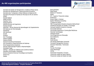 As 460 organizações participantes


  Secretaria de Estado de Planejamento e Gestão de Minas Gerais    Spring Wireless
  Secretaria de Planejamento e Desenvolvimento Econômico           Statoil Brasil
  Secretaria dos Transportes e Obras Públicas do Estado do ES      Stefanini IT Soluitons
  Secretaria Municipal de Fazenda do Municipio do Rio de Janeiro   Stiefel
  SENAC                                                            STJ - Superior Tribunal de Justiça
  Senado Federal                                                   SulAmerica
  SENAI CETIQT                                                     Suzano Papel e Celulose
  Sepetiba Tecon                                                   System Marketing Consulting
  Serasa Experian                                                  T-Systems do Brasil
  SERVEN Serviços de Engenharia                                    TBG Transportadora Brasileira Gasoduto Bolívia-Brasil
  Servtec Energia                                                  TechResult Soluções em Gestão e Tecnologia
  SESCOOP - Serviço Nacional de Aprendizagem do Cooperativismo     Techware Systems Comércio e Serviços
  SGI Sistemas de Informatização                                   Tecnoclade Sistemas
  Shell Brasil                                                     Tecnometal Engenharia e Construções Mecânicas
  SHV Gás Brasil                                                   Telcordia Technologies
  Sicredi                                                          Telespazio Brasil
  Simbiozi                                                         Terra Engenharia em Mineração
  Sinn Tecnologia                                                  Terra Networks
  Sistema FIERGS                                                   Tetra Pak
  Sistema FIRJAN                                                   Textil Dalutex
  Sixmind Consultoria Empresarial                                  The George Washington University
  SLE Consultoria e Desenvolvimento de Sistemas                    Thompson Management Horizons
  Smar Equipamentos Industriais                                    Thomson Multimidia / Technicolor
  Socicam Administração Projetos e Representações                  Ticket
  Sociedade Fogás                                                  Toccato Tecnologia
  Softway - Soluções em Software para Comércio Exterior            Tonon Bioenergia
  Soluções Comunicação e Marketing                                 TOTVS
  Sonsun Industrial Comercial Tecnológica da Amazônia              Transnorte Transporte e Turismo
  Souza Cruz                                                       Tribunal de Justiça de Santa Catarina
  Spaipa                                                           Tribunal de Justiça do Estado de Goiás




Estudo de Benchmarking em Gerenciamento de Projetos Brasil 2010                                                                Powered by:
Project Management Institute – Chapters Brasileiros                                                                        Project Builder
 