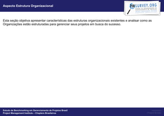 Aspecto Estrutura Organizacional



Esta seção objetiva apresentar características das estruturas organizacionais existentes e analisar como as
Organizações estão estruturadas para gerenciar seus projetos em busca do sucesso.




Estudo de Benchmarking em Gerenciamento de Projetos Brasil                                                    Powered by
Project Management Institute – Chapters Brasileiros                                                    Project Builder
 