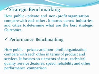 Strategic Benchmarking
How public - private and non- profit organization
compare with each other . It moves across industries
and cities to determine what are the best strategic
Outcomes .
 Performance Benchmarking
How public – private and non- profit organization
compare with each other in terms of product and
services. It focuses on elements of cost , technical
quality ,service ,features, speed, reliability and other
performance comparison
 