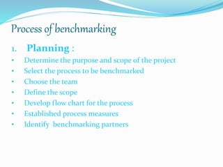 Process of benchmarking
1. Planning :
• Determine the purpose and scope of the project
• Select the process to be benchmarked
• Choose the team
• Define the scope
• Develop flow chart for the process
• Established process measures
• Identify benchmarking partners
 