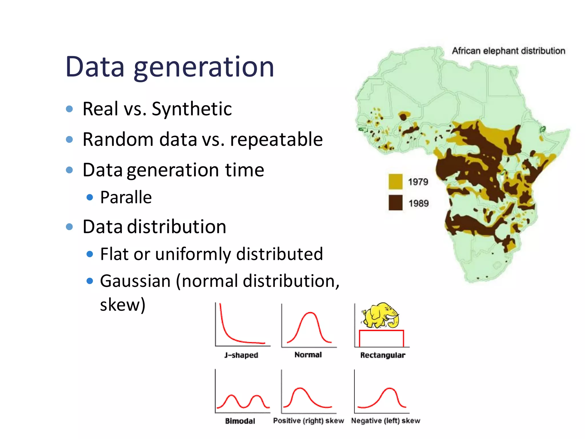 Data generation
 Real vs. Synthetic
 Random data vs. repeatable
 Datageneration time
 Paralle
 Datadistribution
 Flat or uniformly distributed
 Gaussian (normal distribution,
skew)
 