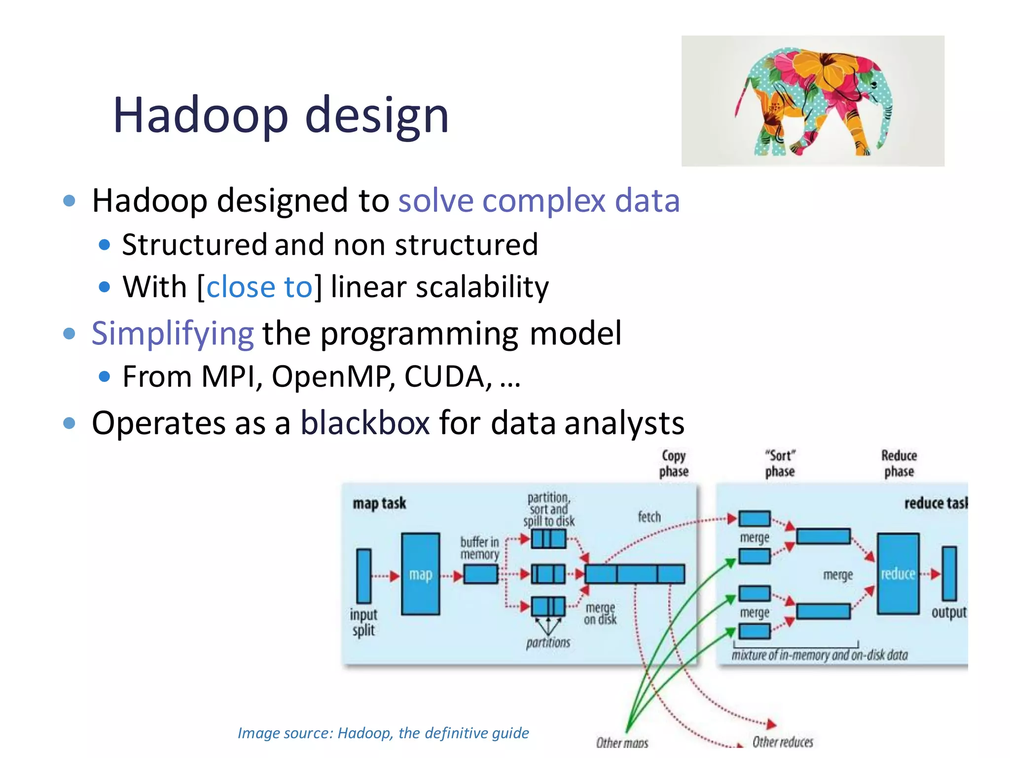 Hadoop design
 Hadoop designed to solve complex data
 Structured and non structured
 With [close to] linear scalability
 Simplifying the programming model
 From MPI, OpenMP, CUDA, …
 Operates as a blackbox for data analysts
Image source: Hadoop, the definitive guide
 