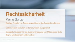  Fairmas GmbH, Berlin 2014 12
Rechtssicherheit
Keine Sorge
Einziger Anbieter mit Tolerierungserklärung des Bundeskartellamtes
Daten werden kumuliert und anonymisiert ausgewertet
Geregelte Vorgaben für die Zusammensetzung von Mitbewerber-Sets
(bspw. Mindestanzahl Mitbewerber)
 