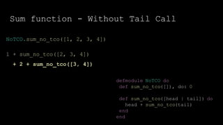Sum function - Without Tail Call
defmodule NoTCO do
def sum_no_tco([]), do: 0
def sum_no_tco([head | tail]) do
head + sum_no_tco(tail)
end
end
NoTCO.sum_no_tco([1, 2, 3, 4])
1 + sum_no_tco([2, 3, 4])
+ 2 + sum_no_tco([3, 4])
 