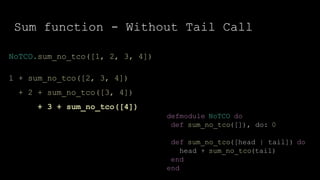 Sum function - Without Tail Call
defmodule NoTCO do
def sum_no_tco([]), do: 0
def sum_no_tco([head | tail]) do
head + sum_no_tco(tail)
end
end
NoTCO.sum_no_tco([1, 2, 3, 4])
1 + sum_no_tco([2, 3, 4])
+ 2 + sum_no_tco([3, 4])
+ 3 + sum_no_tco([4])
 