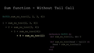 Sum function - Without Tail Call
defmodule NoTCO do
def sum_no_tco([]), do: 0
def sum_no_tco([head | tail]) do
head + sum_no_tco(tail)
end
end
NoTCO.sum_no_tco([1, 2, 3, 4])
1 + sum_no_tco([2, 3, 4])
+ 2 + sum_no_tco([3, 4])
+ 3 + sum_no_tco([4])
+ 4 + sum_no_tco([])
 