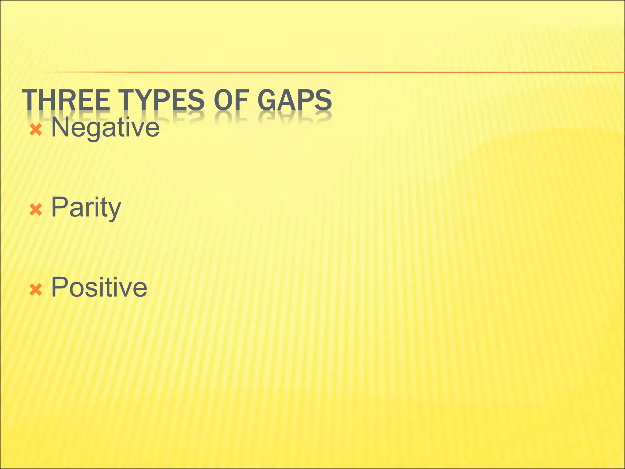 THREE TYPES OF GAPS
 Negative
 Parity
 Positive
 