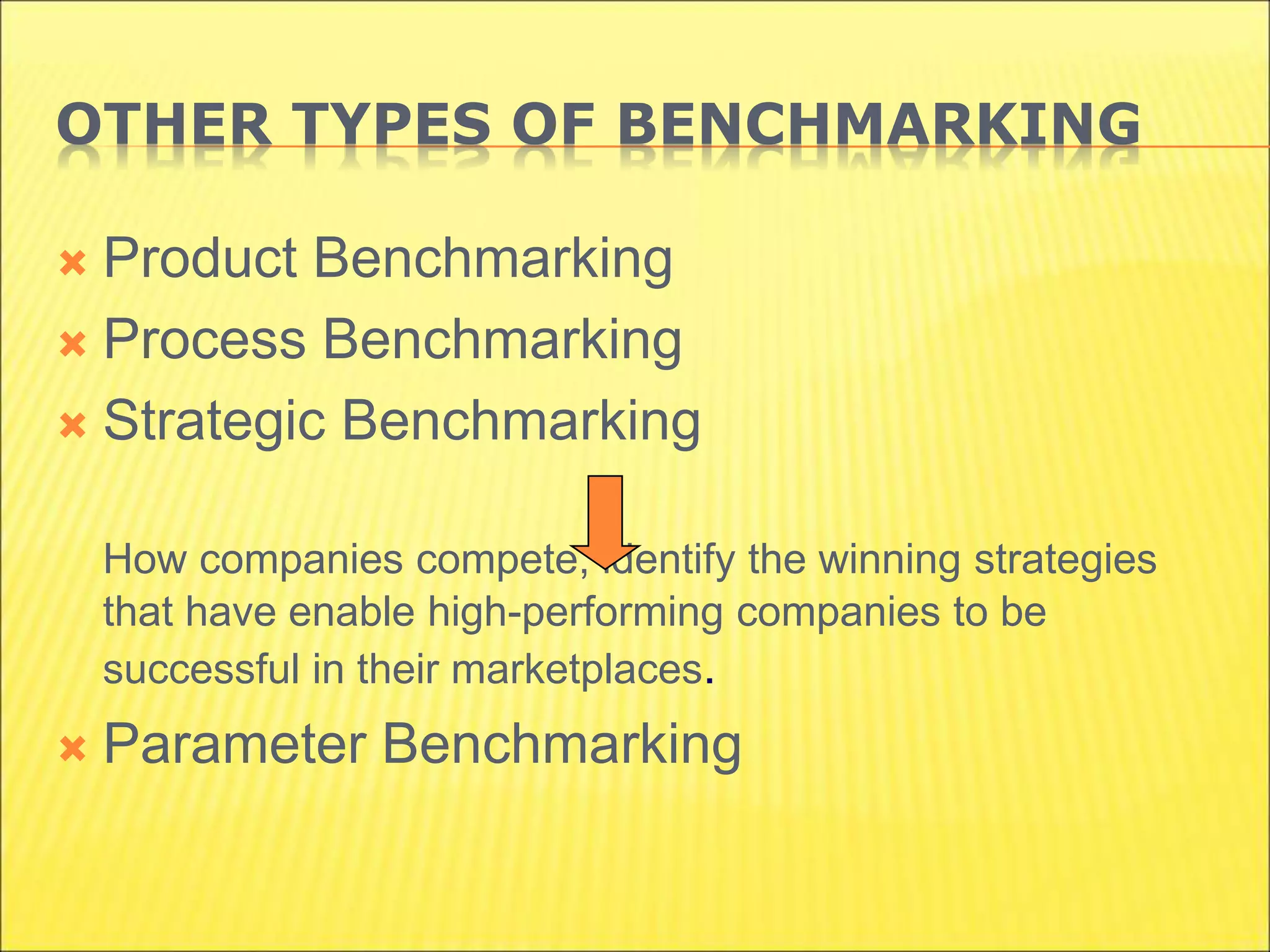 OTHER TYPES OF BENCHMARKING
 Product Benchmarking
 Process Benchmarking
 Strategic Benchmarking
How companies compete, identify the winning strategies
that have enable high-performing companies to be
successful in their marketplaces.
 Parameter Benchmarking
 