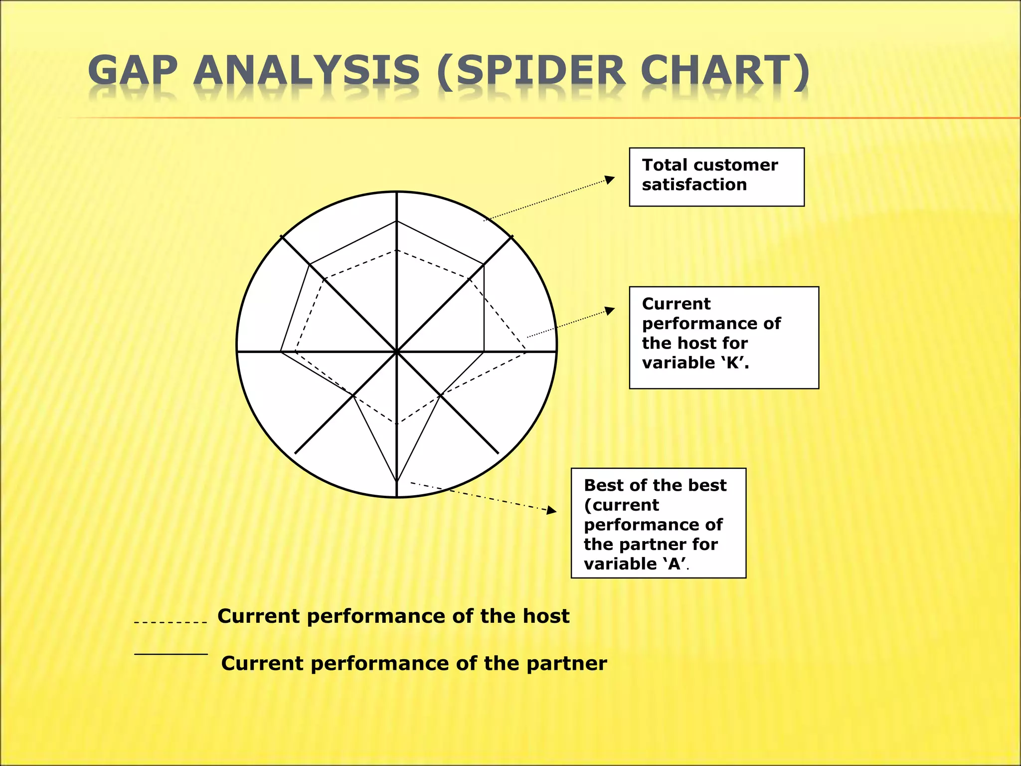 GAP ANALYSIS (SPIDER CHART)
Current performance of the host
Current performance of the partner
Current
performance of
the host for
variable ‘K’.
Best of the best
(current
performance of
the partner for
variable ‘A’.
Total customer
satisfaction
 