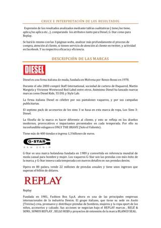 CRUCE E INTERPRETACI ÓN DE LOS RESULTADOS
Expresión de los resultados analizados mediante tablas cualitativas ( tiene/no tiene,
aplica/no aplica etc...), comparando los atributos tanto para Diesel, G-Star como para
Replay.
Se hará lo mismo con las 3 páginas webs, analizar más profundamente el proceso de
compra, atención al cliente, si tienen servicio de atención al cliente en twitter, y actividad
en facebook. Y su respectiva eficacia y eficiencia.

DESCRIPCIÓN DE LA S M ARCAS

Diesel es una firma italiana de moda, fundada en Molvena por Renzo Rosso en 1978.
Durante el año 2000 compró Staff International, sociedad de cartera de Dsquared, Martin
Margiela y Vivienne Westwood Red Label entre otros. Asimismo Diesel ha lanzado nuevas
marcas como Diesel Kids, 55 DSL y Style Lab.
La firma italiana Diesel es célebre por sus pantalones vaqueros, y por sus campañas
publicitarias.
El septimo pack de accesorios de los sims 3 se basa en esta marca de ropa, Los Sims 3:
Diesel.
La filosfía de la marca es hacer diferente al cliente, y esto se refleja en los diseños
modernos, provocativos e impactantes presentados en cada temporada. Por ello su
inconfundible eslogan es ONLY THE BRAVE (Solo el Valiente).
Tiene más de 400 tiendas e ingresa 1,3 billones de euros.

G-Star es una marca holandesa fundada en 1989 y convertida en referencia mundial de
moda casual para hombre y mujer. Los vaqueros G-Star son las prendas con más éxito de
la marca, y G-Star innova cada temporada con nuevos detalles en sus prendas denim.
Opera en 80 países, vende 22 millones de prendas anuales y tiene unos ingresos que
superan el billón de dólares.

Replay
Fundada en 1981, Fashion Box S.p.A. ahora es una de las principales empresas
internacionales de la industria Denim. El grupo italiano, que tiene su sede en Asolo
(Treviso) crea, promueve y distribuye prendas de hombres, mujeres y la ropa sport de los
niños, accesorios y calzado. Sus acciones se negocian bajo el REPLAY marcas , RELÉ &
SONS , SOMOS REPLAY , SELLO ROJO y proyectos de extensión de la marca BLANCO SEAL.

 