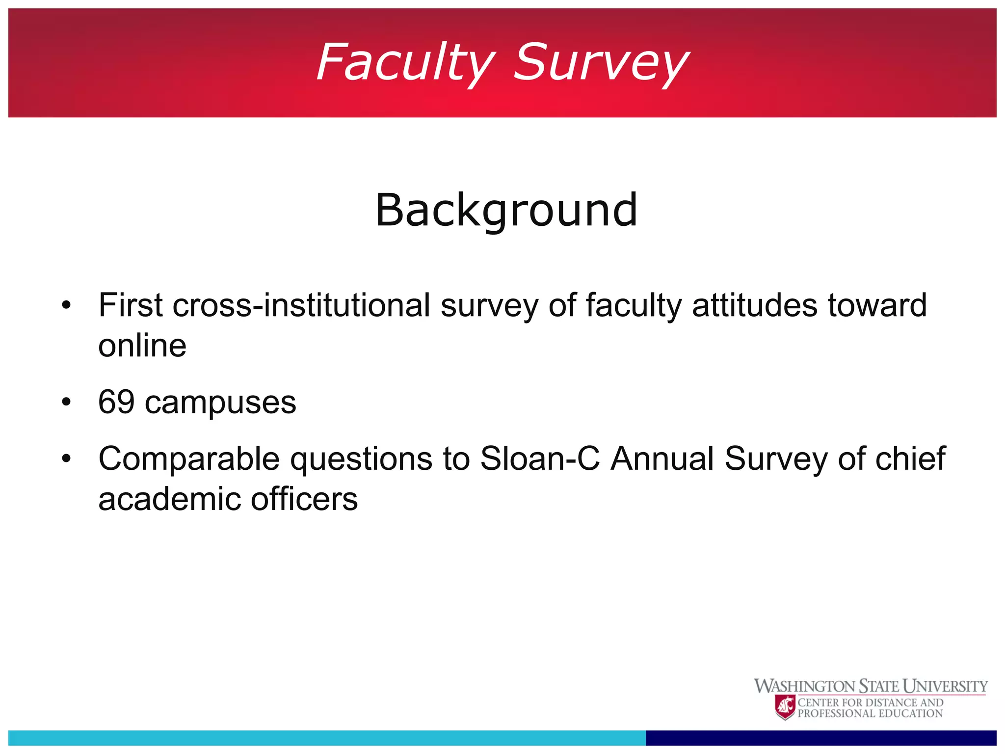 Faculty Survey

                      Background

• First cross-institutional survey of faculty attitudes toward
  online
• 69 campuses
• Comparable questions to Sloan-C Annual Survey of chief
  academic officers
 