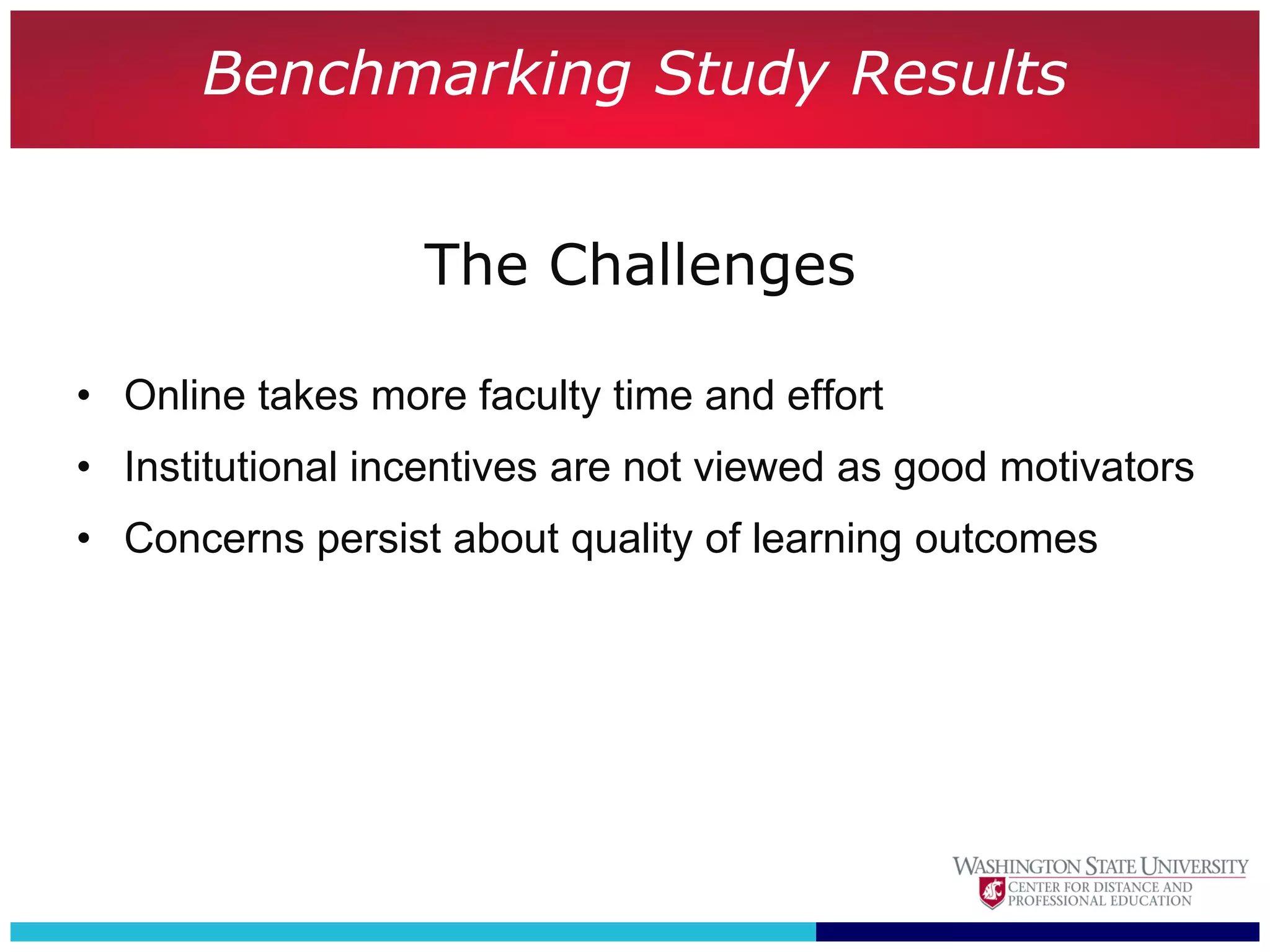 Benchmarking Study Results


                  The Challenges

• Online takes more faculty time and effort
• Institutional incentives are not viewed as good motivators
• Concerns persist about quality of learning outcomes
 