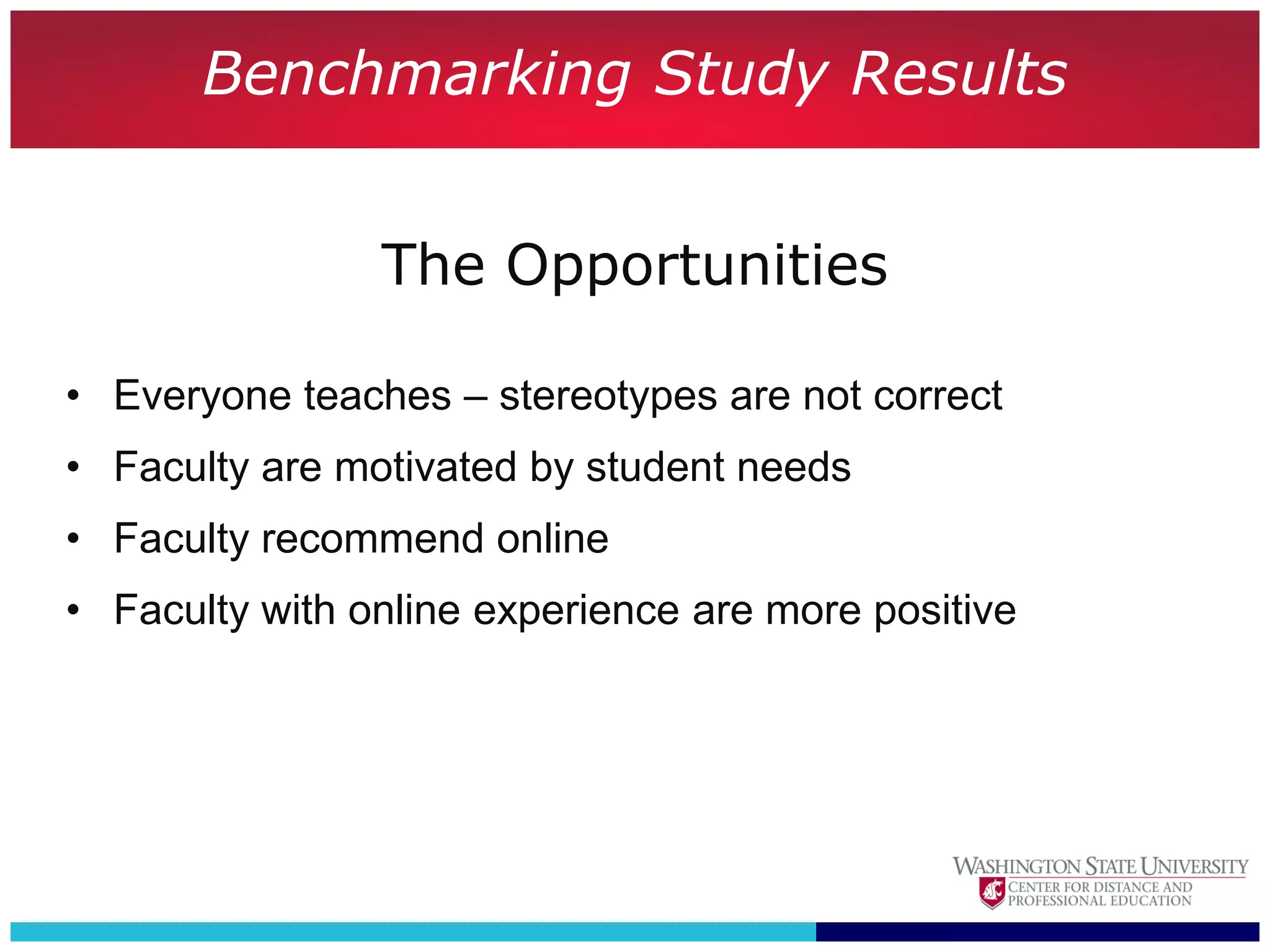 Benchmarking Study Results


                The Opportunities

• Everyone teaches – stereotypes are not correct
• Faculty are motivated by student needs
• Faculty recommend online
• Faculty with online experience are more positive
 