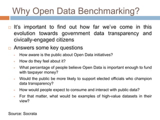 Why Open Data Benchmarking?




It‟s important to find out how far we‟ve come in this
evolution towards government data transparency and
civically-engaged citizens
Answers some key questions


How aware is the public about Open Data initiatives?



How do they feel about it?



What percentage of people believe Open Data is important enough to fund
with taxpayer money?



Would the public be more likely to support elected officials who champion
data transparency?



How would people expect to consume and interact with public data?



For that matter, what would be examples of high-value datasets in their
view?

Source: Socrata

 