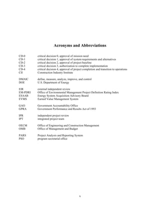 Acronyms and Abbreviations
CD-0 critical decision 0, approval of mission need
CD-1 critical decision 1, approval of system requirements and alternatives
CD-2 critical decision 2, approval of project baseline
CD-3 critical decision 3, authorization to complete implementation
CD-4 critical decision 4, approval of project completion and transition to operations
CII Construction Industry Institute
DMAIC define, measure, analyze, improve, and control
DOE U.S. Department of Energy
EIR external independent review
EM-PDRI Office of Environmental Management Project Definition Rating Index
ESAAB Energy System Acquisition Advisory Board
EVMS Earned Value Management System
GAO Government Accountability Office
GPRA Government Performance and Results Act of 1993
IPR independent project review
IPT integrated project team
OECM Office of Engineering and Construction Management
OMB Office of Management and Budget
PARS Project Analysis and Reporting System
PSO program secretarial office
x
 
