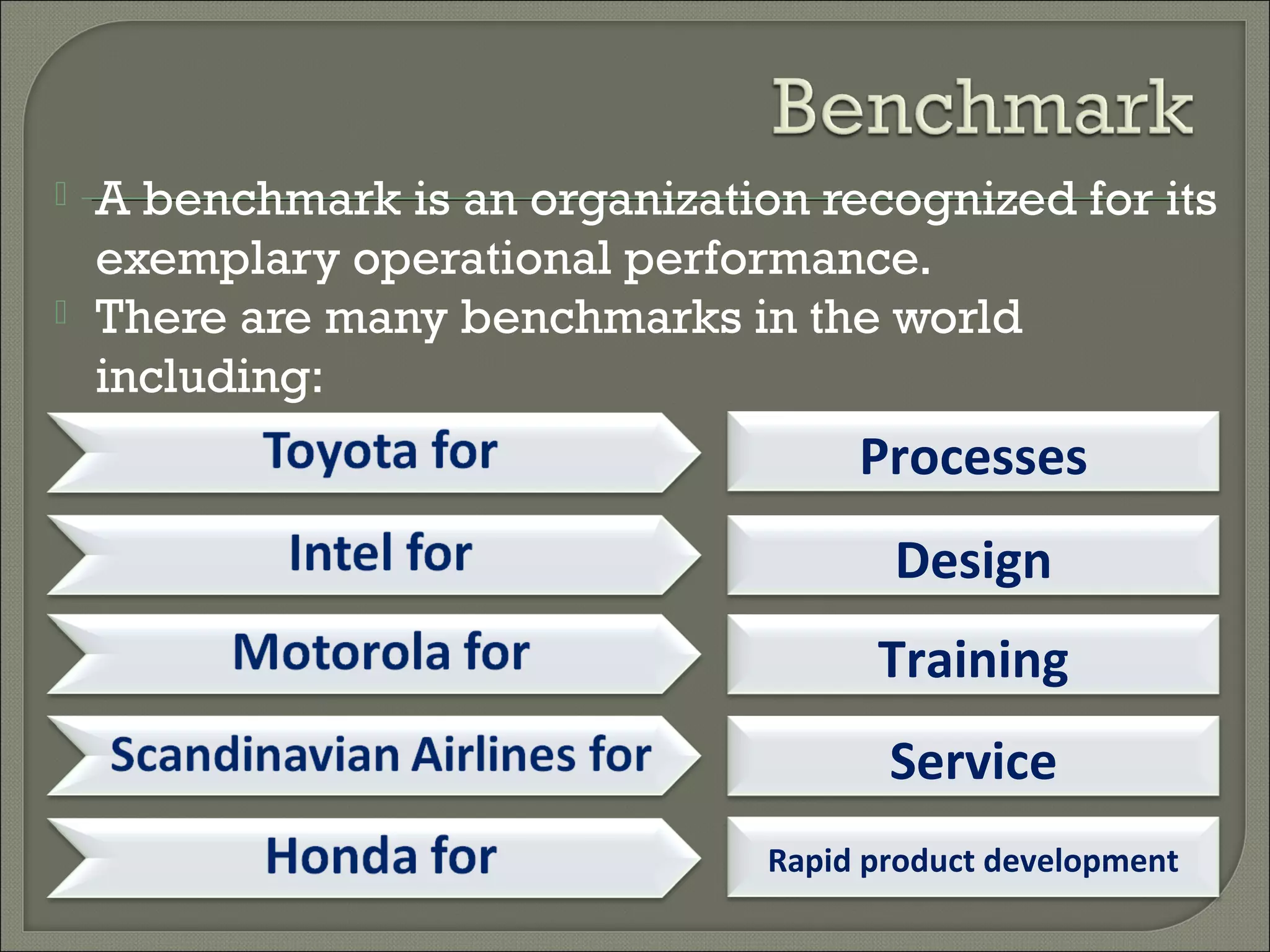  A benchmark is an organization recognized for its
exemplary operational performance.
 There are many benchmarks in the world
including:
Processes
Design
Training
Service
Rapid product development
 