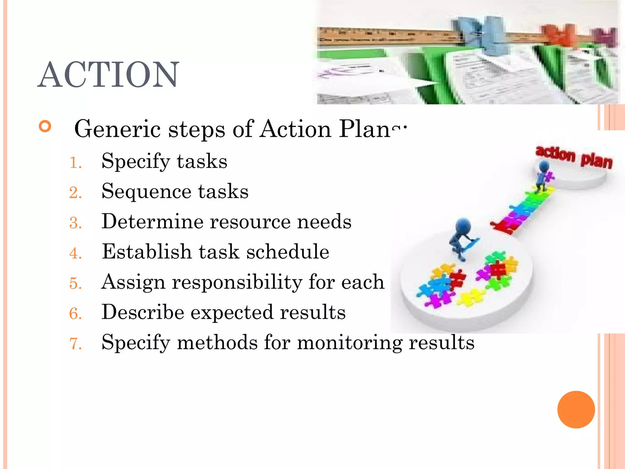 ACTION
 Generic steps of Action Plans:
1. Specify tasks
2. Sequence tasks
3. Determine resource needs
4. Establish task schedule
5. Assign responsibility for each task
6. Describe expected results
7. Specify methods for monitoring results
 