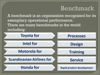  A benchmark is an organization recognized for its
exemplary operational performance.
 There are many benchmarks in the world
including:
Processes
Design
Training
Service
Rapid product development
 