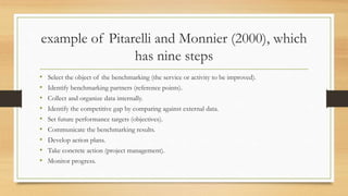 example of Pitarelli and Monnier (2000), which
has nine steps
• Select the object of the benchmarking (the service or activity to be improved).
• Identify benchmarking partners (reference points).
• Collect and organize data internally.
• Identify the competitive gap by comparing against external data.
• Set future performance targets (objectives).
• Communicate the benchmarking results.
• Develop action plans.
• Take concrete action (project management).
• Monitor progress.
 