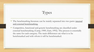 Types
• The benchmarking literature can be mainly separated into two parts: internal
and external benchmarking.
• Competitive, functional and generic benchmarking are classified under
external benchmarking (Camp, 1989; Zairi, 1992). The process is essentially
the same for each category. The main differences are what is to be
benchmarked and with whom it will be benchmarked.
 