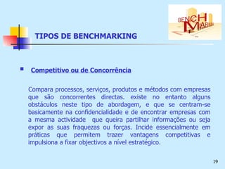 TIPOS DE BENCHMARKING Competitivo ou de Concorrência Compara processos, serviços, produtos e métodos com empresas que são concorrentes directas. existe no entanto alguns obstáculos neste tipo de abordagem, e que se centram-se basicamente na confidencialidade e de encontrar empresas com a mesma actividade  que queira partilhar informações ou seja expor as suas fraquezas ou forças. Incide essencialmente em práticas que permitem trazer vantagens competitivas e impulsiona a fixar objectivos a nível estratégico. 