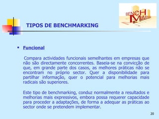 TIPOS DE BENCHMARKING Funcional Compara actividades funcionais semelhantes em empresas que não são directamente concorrentes. Baseia-se na convicção de que, em grande parte dos casos, as melhores práticas não se encontram no próprio sector. Quer a disponibilidade para partilhar informação, quer o potencial para melhorias mais radicais são superiores. Este tipo de benchmarking, conduz normalmente a resultados e melhorias mais expressivos, embora possa requerer capacidade para proceder a adaptações, de forma a adequar as práticas ao sector onde se pretendem implementar.  